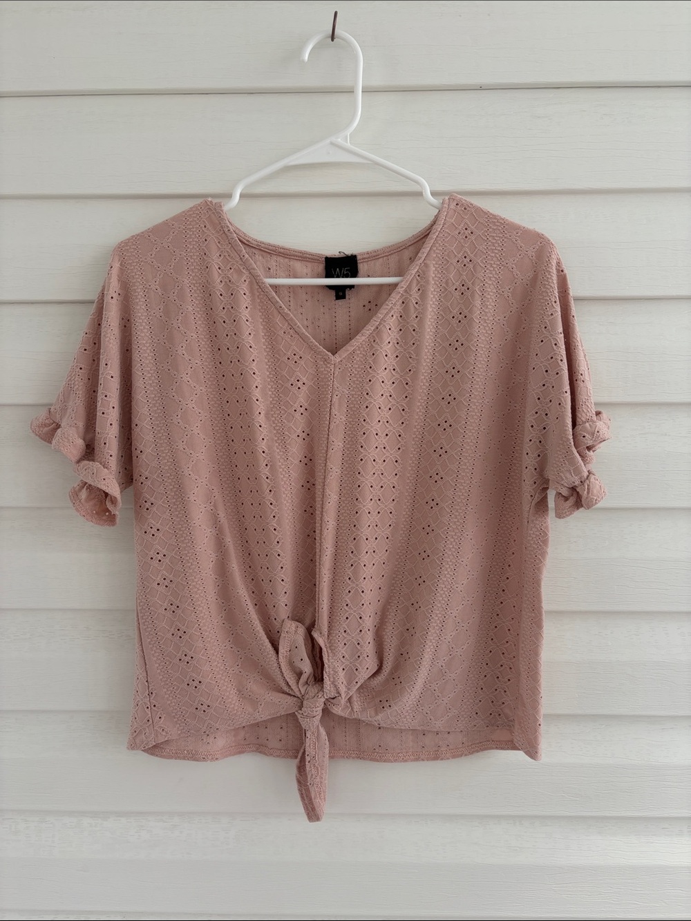 W5 Blush Pink Eyelet Lace Tie Front Top S Ruffle Sleeve Boho Romantic